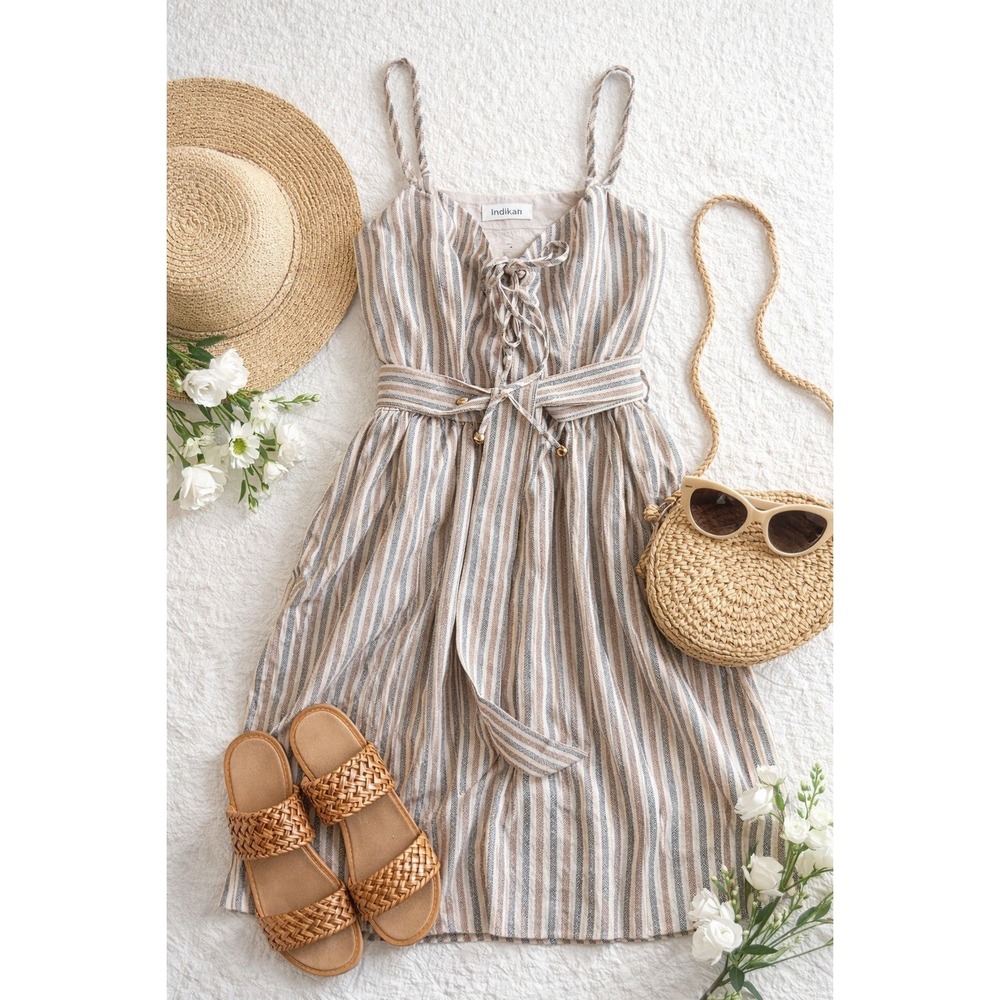 Indikah Striped Lace Up Midi Dress Neutral Tan Blue Herringbone XS - Picture 2 of 10
